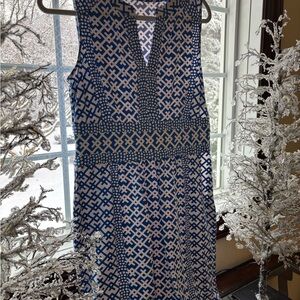 J. McLaughlin Navy and White Geometric Midi Dress